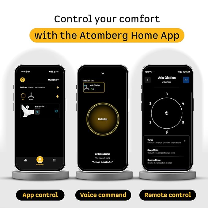 Atomberg Aris Gladius 1200mm space grey smart fan lifestyle banner highlighting silent operation, best-in-class air delivery, and integrated ABS blades.