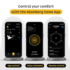 Atomberg Aris Gladius 1200mm space grey smart fan lifestyle banner highlighting silent operation, best-in-class air delivery, and integrated ABS blades.