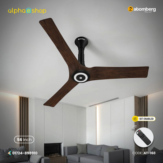 Atomberg Aris Starlight Smart 1400mm BLDC ceiling fan in dark teakwood finish, IoT enabled with remote control, from file AT-168_F (1).jpg.