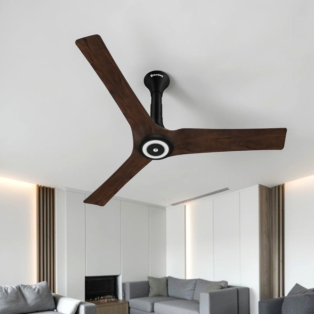 Atomberg Aris Starlight Smart 1400mm BLDC ceiling fan with dark teakwood finish and integrated LED ring light, from file AT-168 (1).jpg.