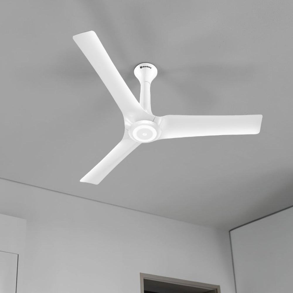 Atomberg Aris Starlight Smart 1400mm BLDC ceiling fan with marble white finish and integrated LED ring light, from file AT-167.jpg.
