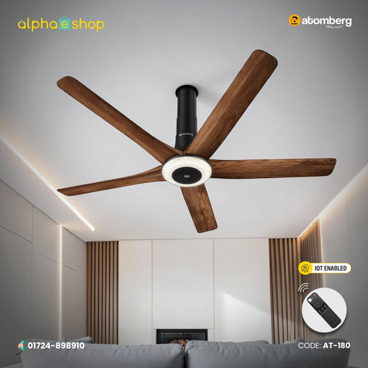Atomberg Emperion Magna Smart 50-inch BLDC ceiling fan with 5 teak wooden blades, amber light, IoT control and remote.