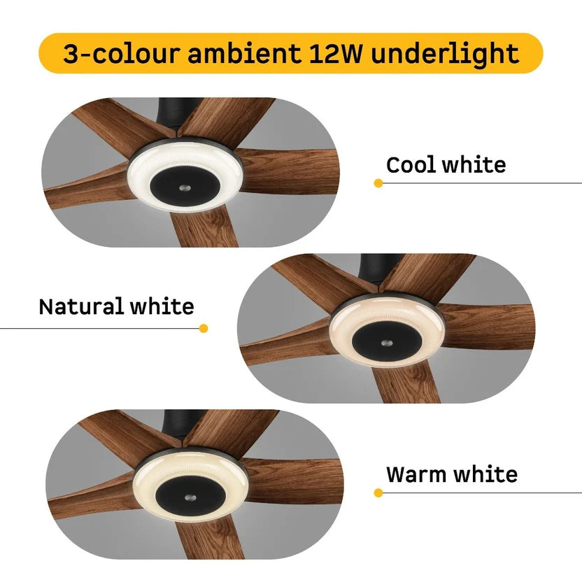 Atomberg Emperion Magna Smart 50-inch BLDC ceiling fan with 12W 3-color underlight: cool white, natural white and warm white.