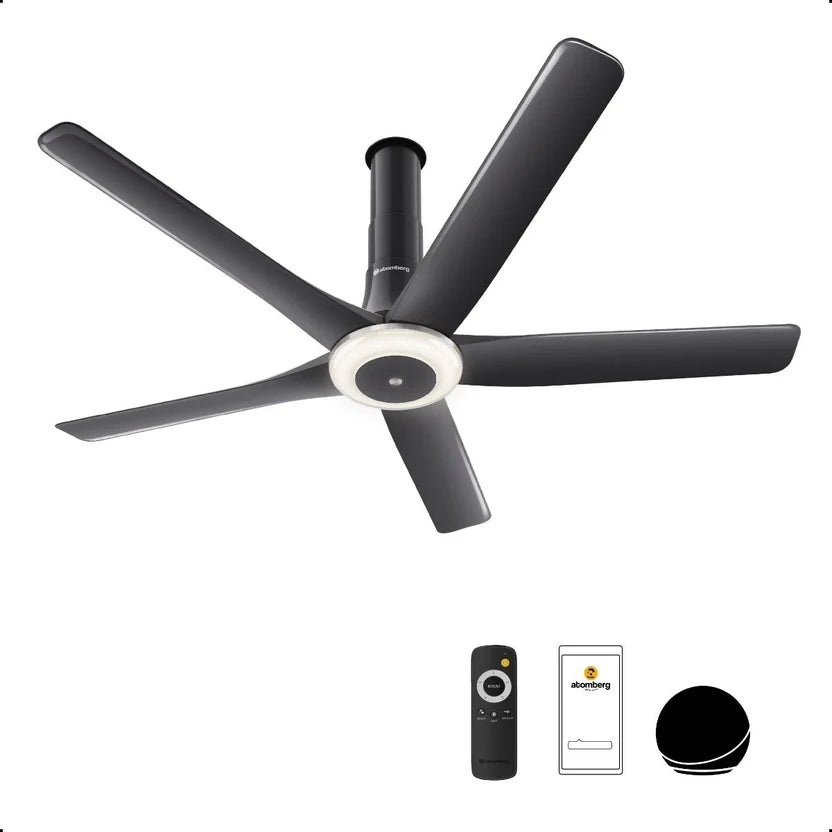 Atomberg Emperion Magna Smart 50-inch BLDC ceiling fan in Lava Grey with 5 blades, remote control and Atomberg Home App.