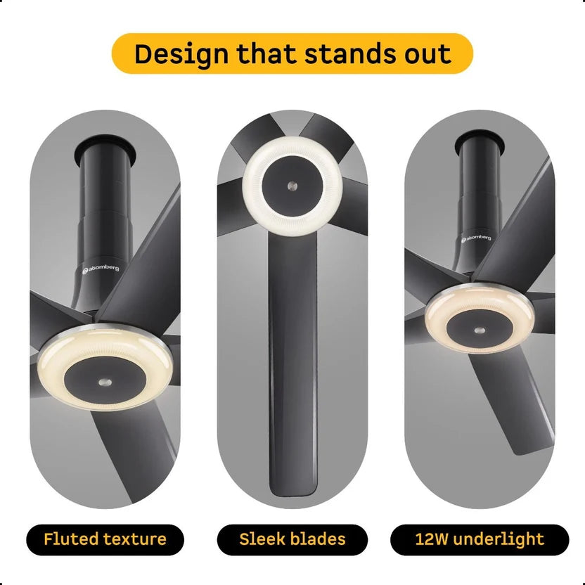 Atomberg Emperion Magna Smart 50-inch BLDC ceiling fan in Lava Grey with fluted texture, sleek blades and 12W underlight.