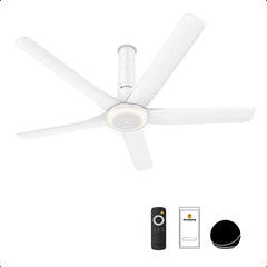 Atomberg Emperion Magna Smart 50-inch BLDC ceiling fan in Pearl White with 5 blades, remote control and Atomberg Home App.