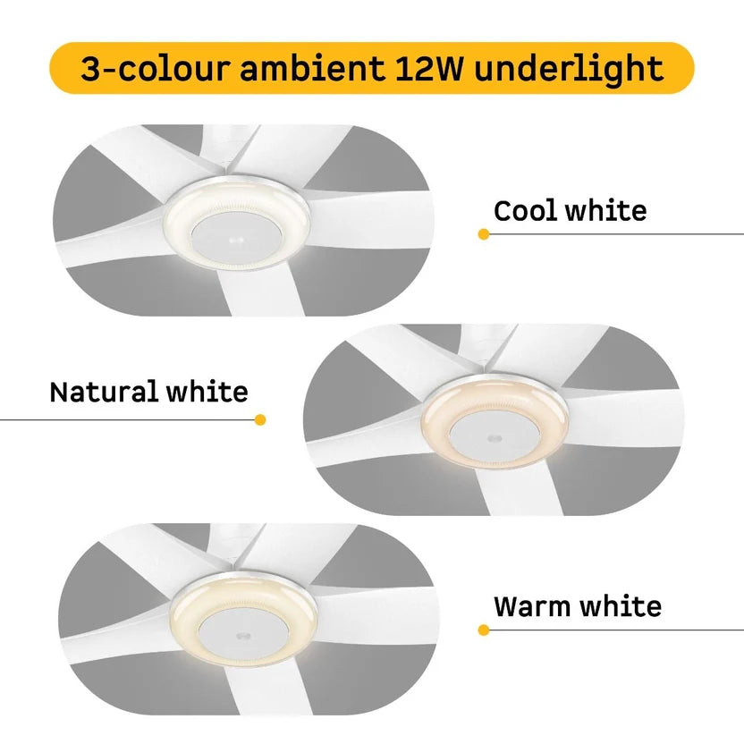 Atomberg Emperion Magna Smart 50-inch BLDC ceiling fan in Pearl White with 12W 3-color underlight: cool, natural and warm white.