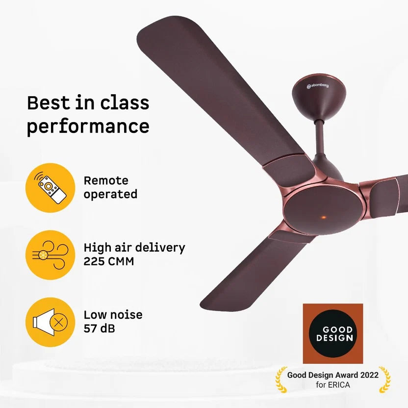 Atomberg Erica Nuvo 1200mm BLDC ceiling fan in Umber Brown with remote control, 225 CMM air delivery and 57 dB low-noise operation, model AT-170.