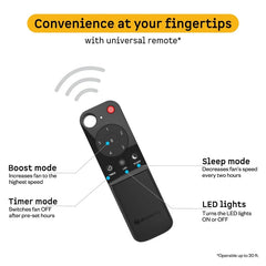 Atomberg Erica Nuvo BLDC ceiling fan universal remote with boost, timer and sleep mode controls, model AT-170.
