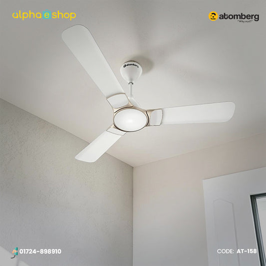 Alphaeshop promotional banner for Atomberg Erica Nuvo 1200mm BLDC ceiling fan in snow white AT-158.