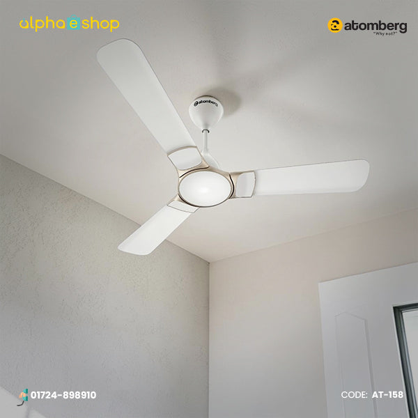 Alphaeshop promotional banner for Atomberg Erica Nuvo 1200mm BLDC ceiling fan in snow white AT-158.