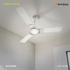 Alphaeshop promotional banner for Atomberg Erica Nuvo 1200mm BLDC ceiling fan in snow white AT-158.