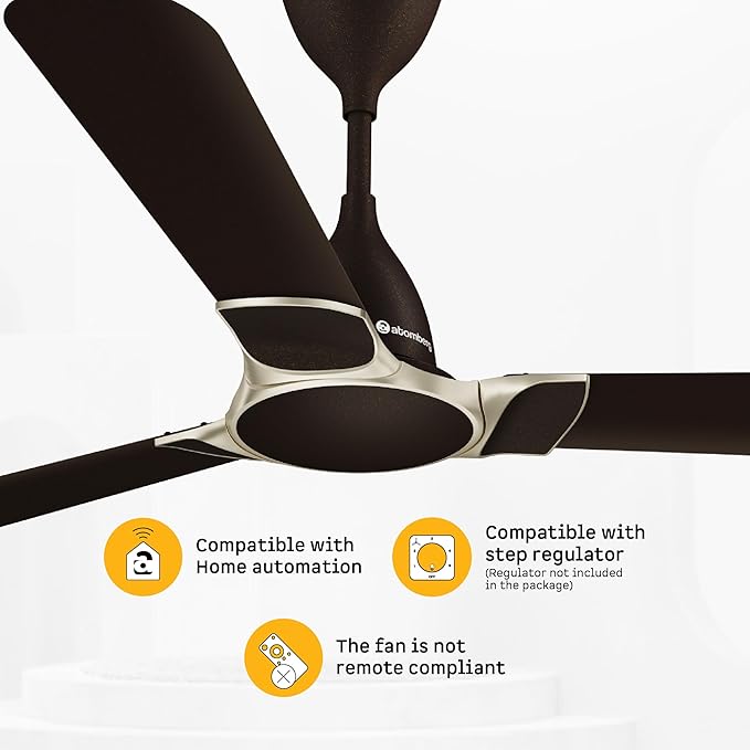 Atomberg Erica Nuvo 1200mm matte black BLDC ceiling fan infographic showing home automation and step regulator compatibility specs.