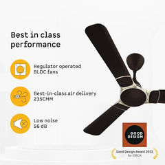 Atomberg Erica Nuvo matte black fan banner featuring 235 CMM air delivery, 56 dB low noise operation, and Good Design Award 2022.