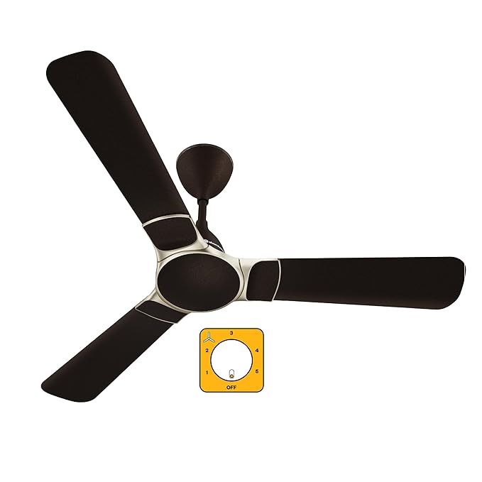 Atomberg Erica Nuvo 1200mm matte black BLDC ceiling fan with metallic accents, featuring an inline graphic of a 5-speed regulator dial.