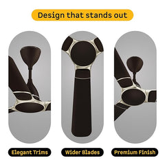 Atomberg Erica Nuvo 1200mm matte black fan design infographic detailing its elegant metallic trims, wider blades, and premium finish.