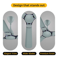 Three views of a kitchen faucet with labeled features on a white background.