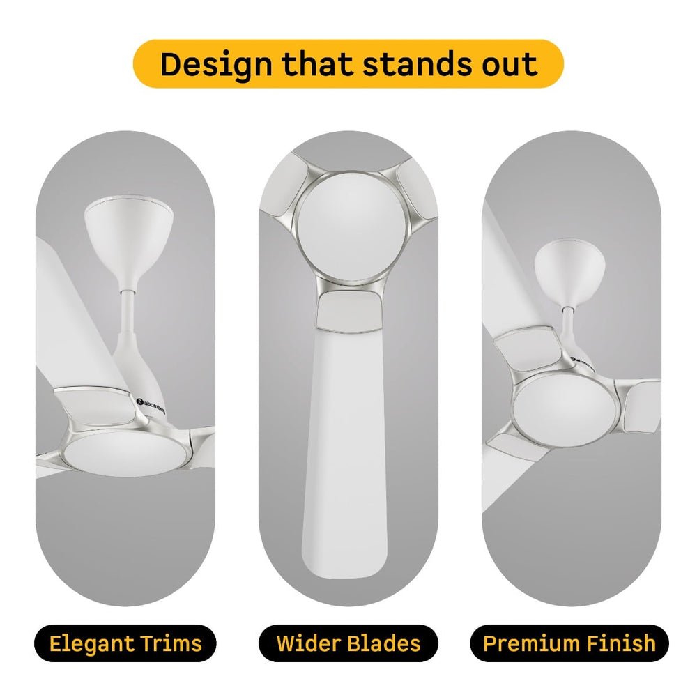 Atomberg Erica Nuvo 1200mm white fan design infographic detailing its elegant metallic trims, wider blades, and premium finish.