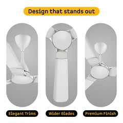 Atomberg Erica Nuvo 1200mm white fan design infographic detailing its elegant metallic trims, wider blades, and premium finish.
