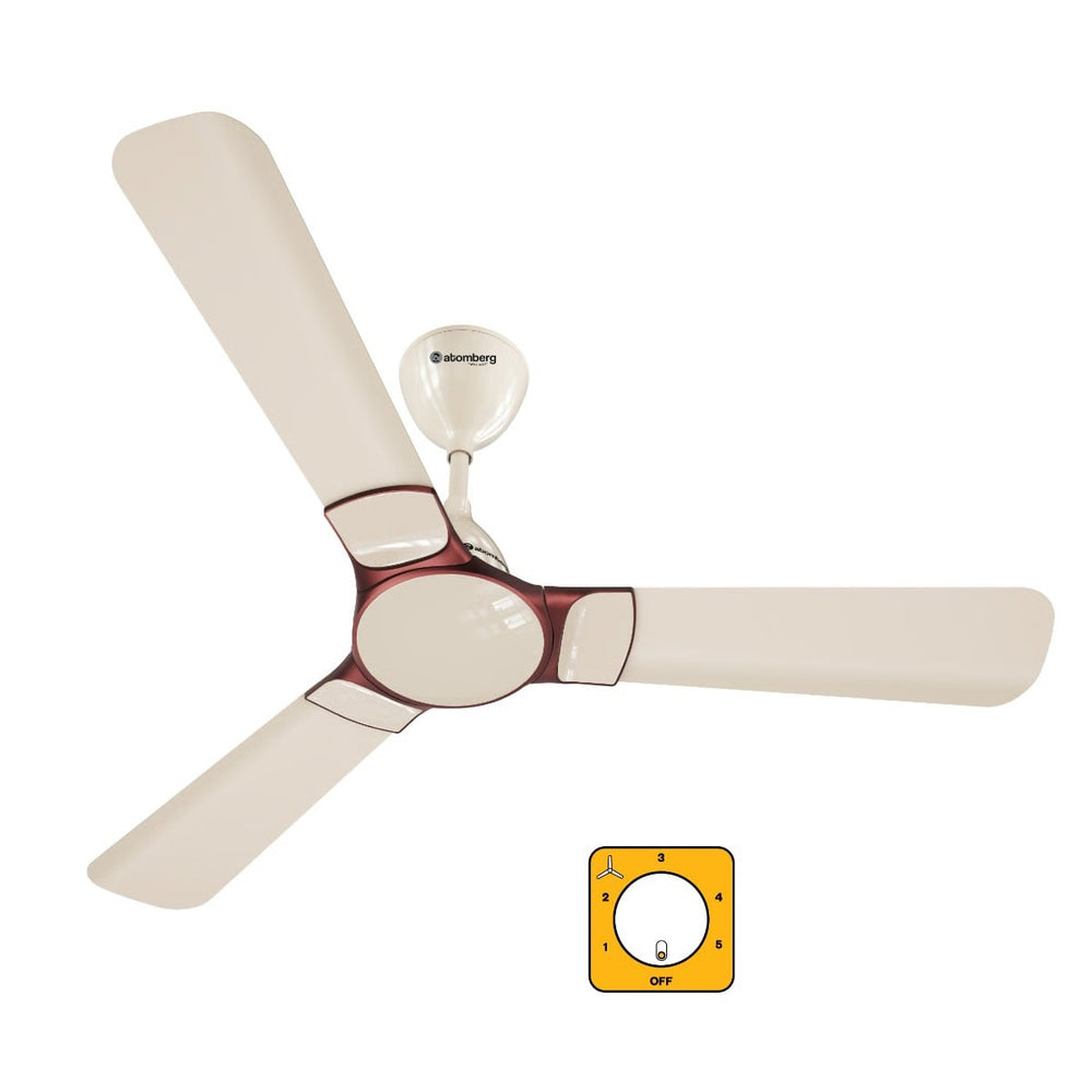 Atomberg Erica Nuvo 1200mm smart BLDC ceiling fan in seasand ivory finish, showcasing its 3-blade aerodynamic design and compatibility with a regulator.