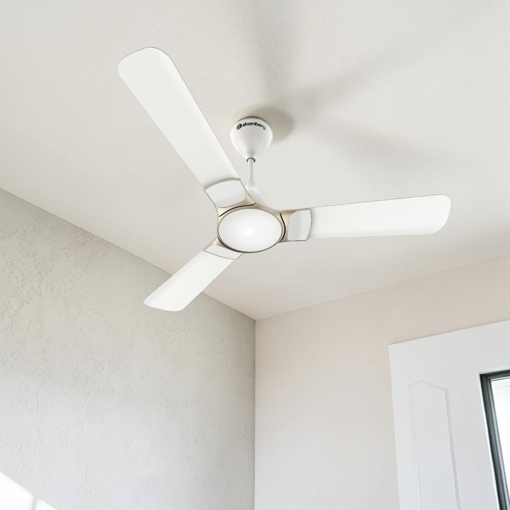 Atomberg Erica Nuvo 1200mm smart BLDC ceiling fan in snow white, showing its 3-blade aerodynamic design as seen in AT-158.jpg.