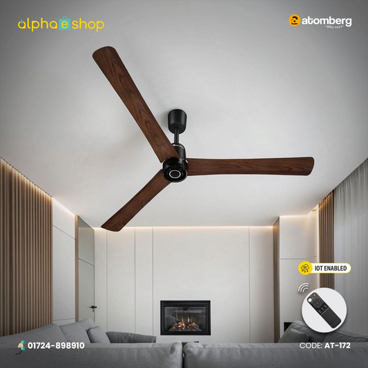 Atomberg Renesa Elite Smart 1400mm BLDC ceiling fan in Dark Walnut with 3 blades, IoT enabled control and remote, model AT-172.