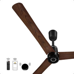 Atomberg Renesa Elite Smart 1400mm BLDC fan in Dark Walnut with 3 wood-look blades, remote, app and smart control, model AT-172.