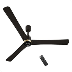 Atomberg Renesa Elite smart 1400mm BLDC ceiling fan in earth brown with remote control, highlighting its 3-blade profile in AT-152_01.jpg.