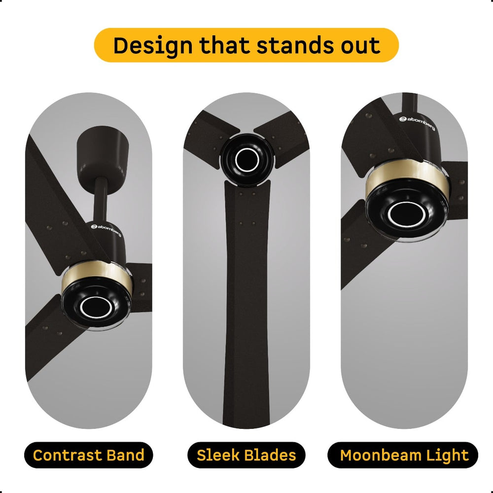 Atomberg Renesa Elite 1400mm earth brown fan design infographic highlighting its gold contrast band, sleek blades, and moonbeam light.