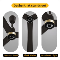 Atomberg Renesa Elite 1400mm earth brown fan design infographic highlighting its gold contrast band, sleek blades, and moonbeam light.