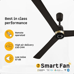 Atomberg Renesa Elite 1400mm earth brown smart fan banner featuring 230 CMM air delivery, 57 dB low noise, and Alexa/Google Home compatibility.