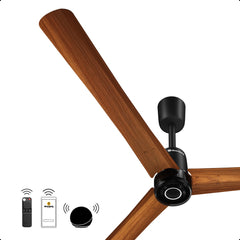 Atomberg Renesa Elite smart BLDC ceiling fan with golden oakwood blades, black motor, remote control, and app connectivity icons.