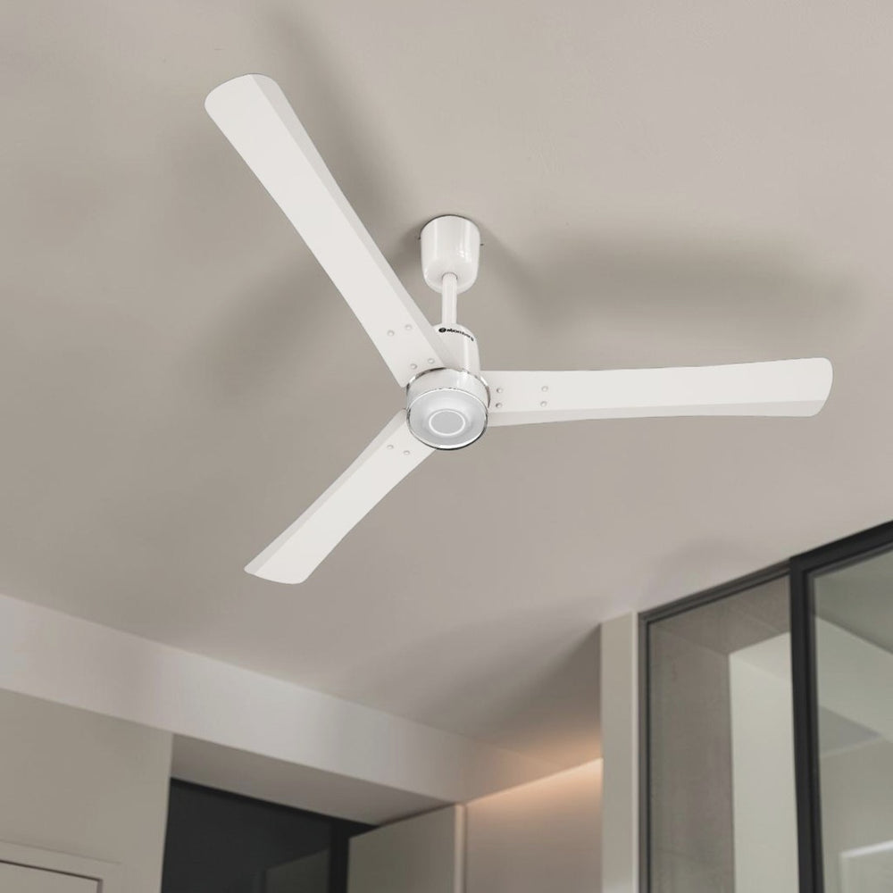Atomberg Renesa Elite smart 1400mm BLDC ceiling fan in pearl white, showcasing its 3-blade aerodynamic design in AT-162.jpg.