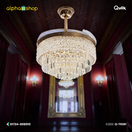 Qulik 48" Crystal Chandelier Retractable Invisible Blade Silent 3 Color Change LED Remote Ceiling Fan (Golden) | Q-T8361