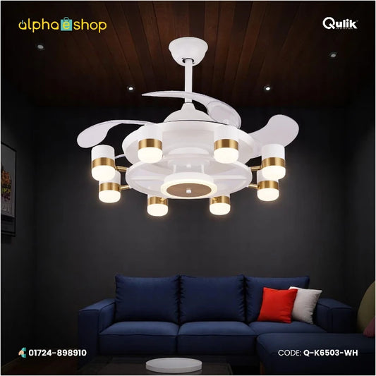 Qulik 48" modern chandelier retractable invisible blade remote ceiling fan with 3 color change LED in White (Q-K6503-WH).