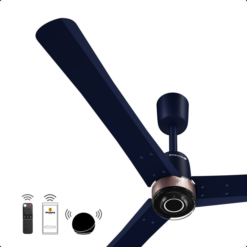 Atomberg Renesa Elite 1400mm ritz blue smart fan with rose gold trim motor casing and smart control icons for remote, app, and voice speaker.