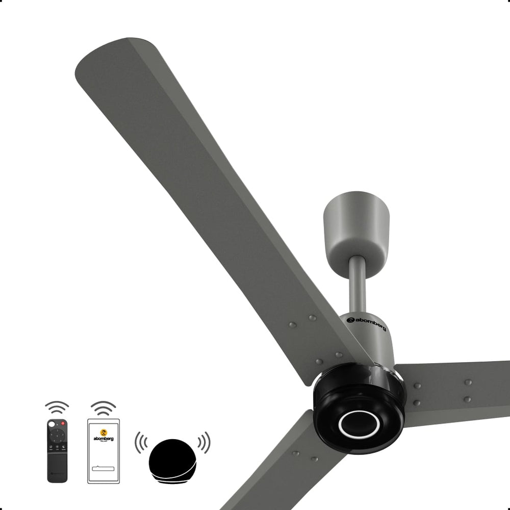 Atomberg Renesa Elite 1400mm sand grey smart fan with black contrast motor casing and smart control icons for remote, app, and voice speaker.