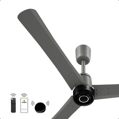 Atomberg Renesa Elite 1400mm sand grey smart fan with black contrast motor casing and smart control icons for remote, app, and voice speaker.