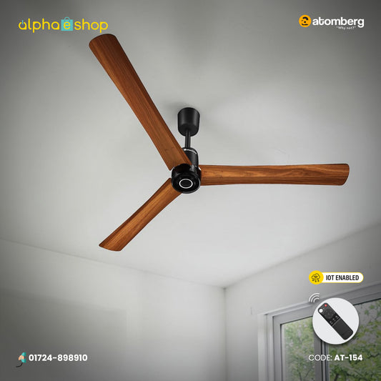 Atomberg Renesa Elite Smart 1400mm BLDC ceiling fan in golden oakwood, IoT enabled with remote control, from file AT-154_F.jpg.