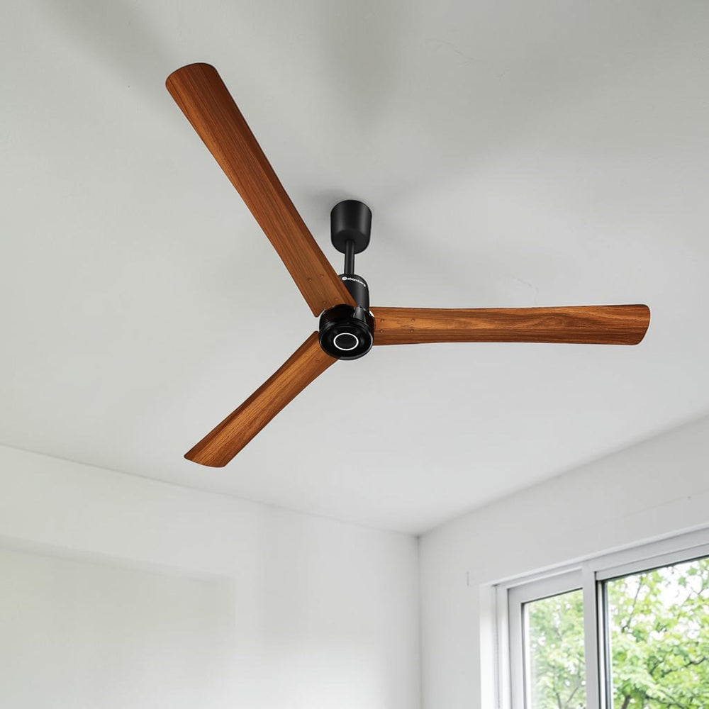 Atomberg Renesa Elite Smart 1400mm BLDC ceiling fan with golden oakwood finish and remote control, from file AT-154_01_1.jpg.