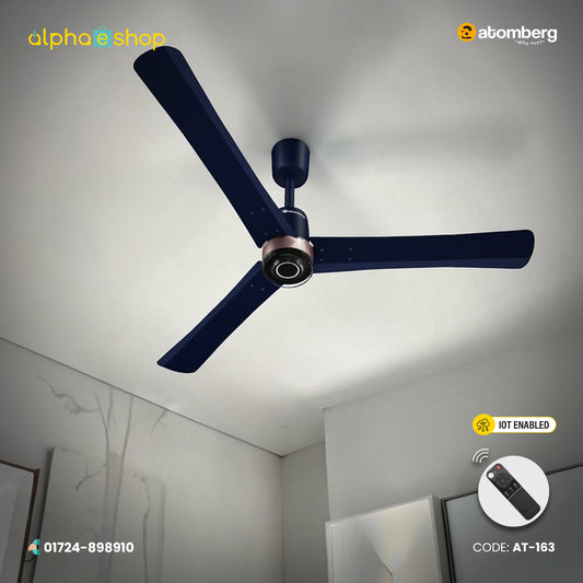 Atomberg Renesa Elite Smart 1400mm BLDC ceiling fan in ritz blue with remote, IoT enabled, from file AT-163_F.jpg.