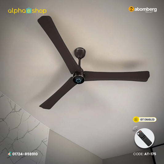 Atomberg Renesa Halo Smart 1400mm BLDC fan in Blaze Brown with 3 blades, IoT control, remote and LED indicators, model AT-175.