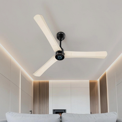 Atomberg Renesa Halo Smart 1400mm BLDC fan in Seasand Ivory & Black with 3 blades and LED indicators, model AT-174.