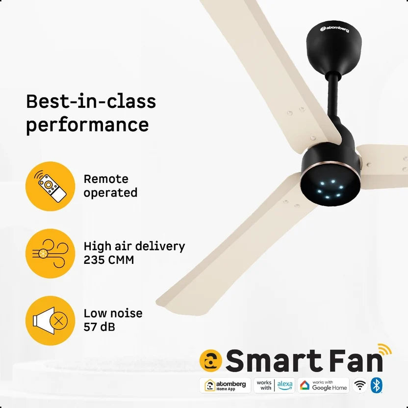 Atomberg Renesa Halo Smart 1400mm BLDC fan in Seasand Ivory & Black with remote control, 250 CMM airflow and 57 dB low noise, model AT-174.