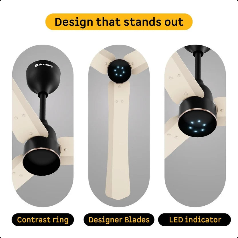 Atomberg Renesa Halo Smart 1400mm BLDC fan in Seasand Ivory & Black with contrast ring, designer blades and LED indicator, model AT-174.