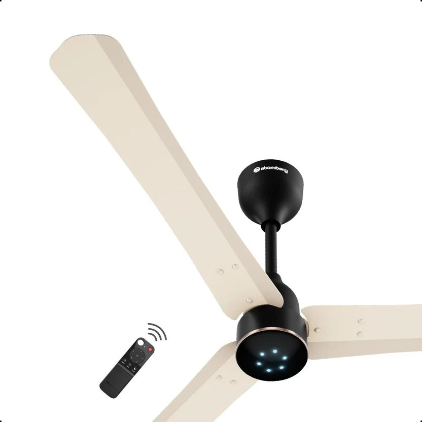 Atomberg Renesa Halo Smart 1400mm BLDC fan in Seasand Ivory & Black with remote control and LED indicators, model AT-174.