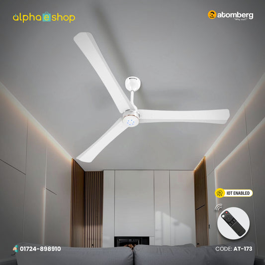 Atomberg Renesa Halo Smart 1400mm BLDC ceiling fan in White & Rose Gold with IoT control, remote and LED indicators, model AT-173.