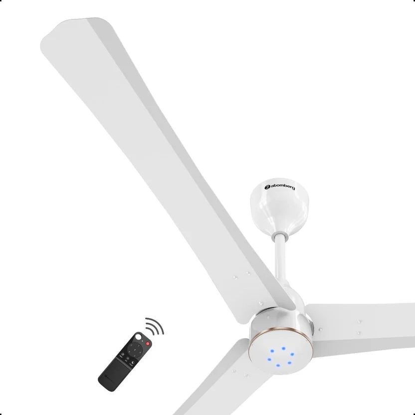 Atomberg Renesa Halo Smart 1400mm BLDC fan in White & Rose Gold with remote control and LED indicators, model AT-173.