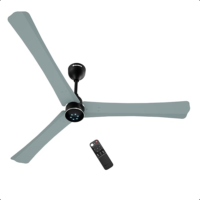 Atomberg Renesa Halo smart BLDC ceiling fan in misty teal with black motor housing, integrated LED speed indicators, and wireless remote control.