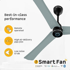 Atomberg Renesa Halo smart fan banner detailing remote operation, 250 CMM high air delivery, 57 dB low noise, Alexa, and Google Home support.